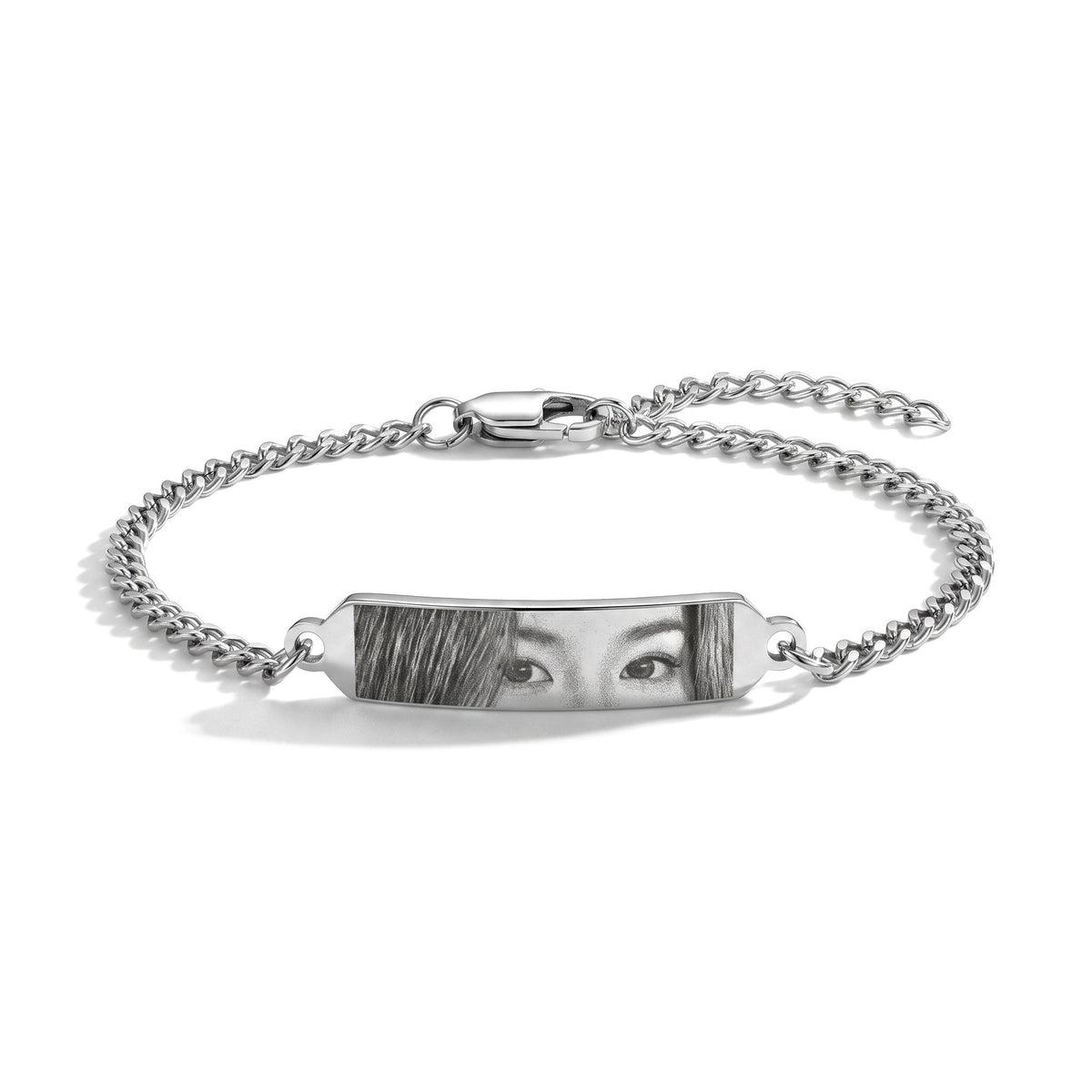 Augen-Armband mit Foto-Gravur in Silber – Stab-Armband aus Edelstahl mit gravierten Augen