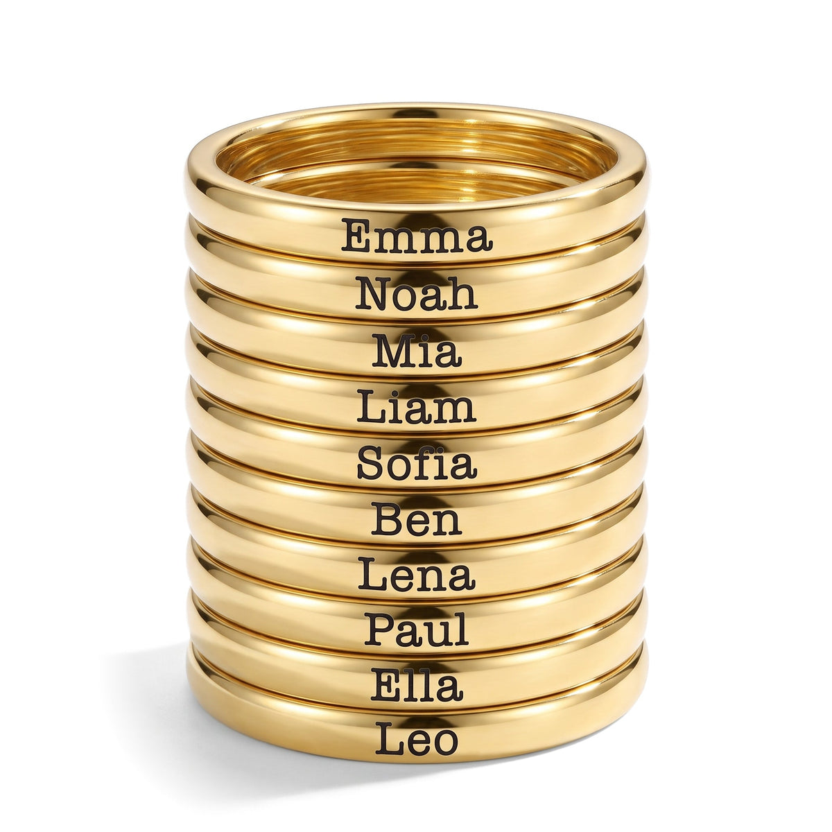 Stapelring mit Namen – Gold – 10 Ringe gestapelt