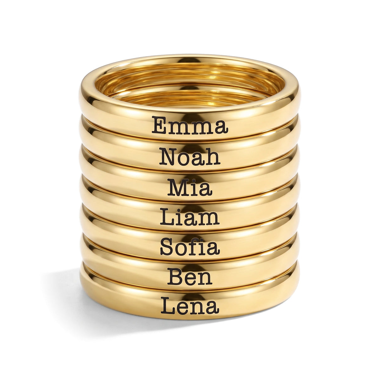 Stapelring mit Namen – Gold – 7 Ringe gestapelt