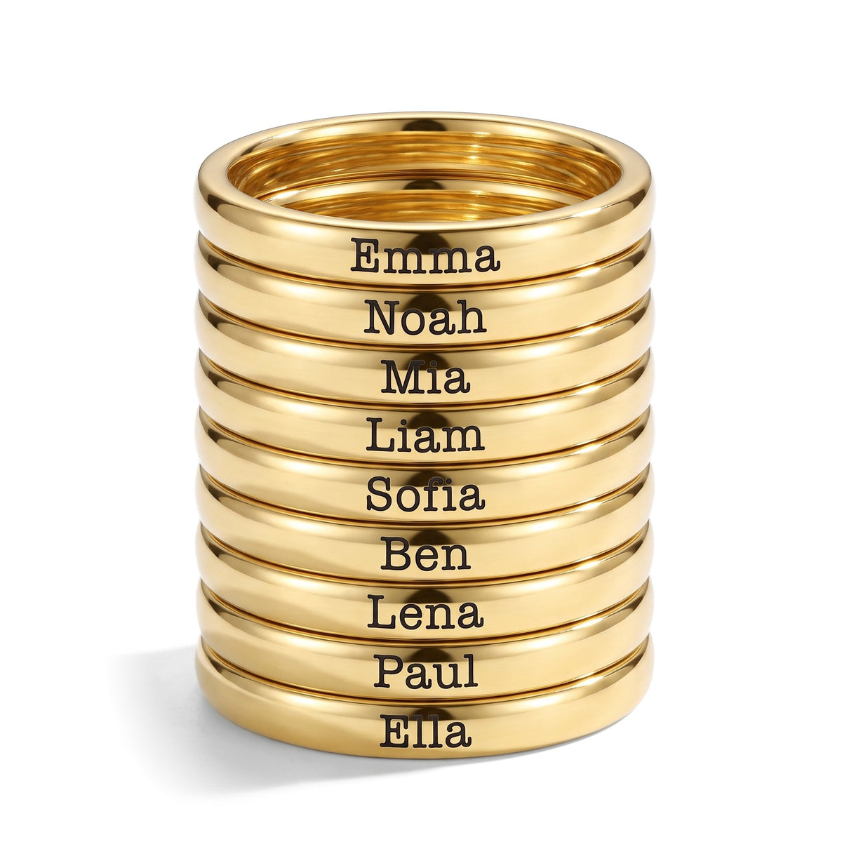 Stapelring mit Namen – Gold – 9 Ringe gestapelt